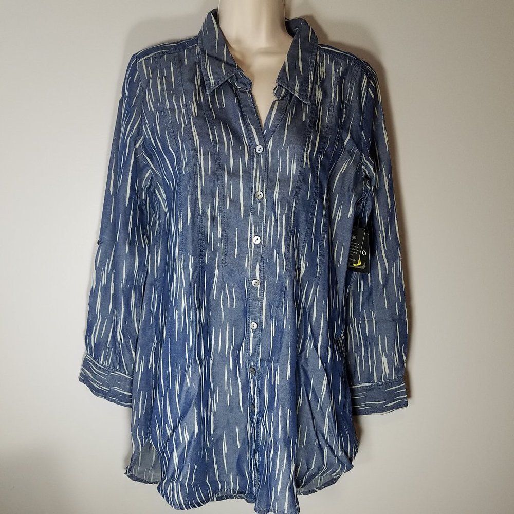 ZOZO Long Sleeve Shirt Blouse Top 100% Lyocel blue white strokes sz S NEW